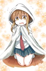 Rule 34 | 10s, 1girl, absurdres, blanket, blush, brown eyes, brown hair, commentary request, floral background, flying sweatdrops, highres, inazuma (kancolle), kantai collection, kneeling, looking at viewer, neckerchief, open clothes, pleated skirt, school uniform, serafuku, shiro9jira, sidelocks, skirt, solo, wavy mouth, wooden floor