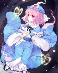 Rule 34 | 1girl, bad id, bad pixiv id, bug, butterfly, female focus, ghost, own hands clasped, hat, bug, japanese clothes, nonaka, own hands together, pink eyes, pink hair, saigyouji yuyuko, short hair, solo, touhou