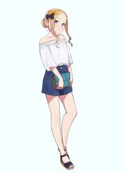 Rule 34 | 1girl, abigail williams (fate), absurdres, alternate costume, alternate hairstyle, bag, black bow, blonde hair, blue background, blue shorts, blush, bow, brown footwear, closed mouth, commentary request, fate/grand order, fate (series), forehead, hair bow, hair bun, hair up, handbag, head tilt, highres, holding, holding bag, kopaka (karda nui), long hair, long sleeves, looking away, off-shoulder shirt, off shoulder, orange bow, parted bangs, polka dot, polka dot bow, sandals, shirt, short shorts, shorts, simple background, single hair bun, smile, solo, standing, white shirt, wide sleeves