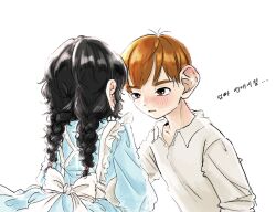 Rule 34 | 1boy, 1girl, back bow, black hair, blue dress, blush, bow, braid, brown eyes, chilchuck&#039;s wife, chilchuck tims, collared shirt, couple, dress, dungeon meshi, ear blush, facing another, halfling, hetero, husband and wife, korean commentary, korean text, large ears, long hair, looking at another, neck blush, orange hair, shirt, short hair, simple background, twin braids, twintails, upper body, white background, white bow, white shirt, zipgagozip1