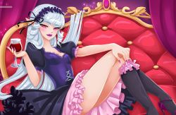 Rule 34 | bed, breasts, cup, dress, drinking glass, fap ceo, high heels, crossed legs, long hair, maid cap, red eyes, shoes, skirt, socks, vampire, victoria (fap ceo), white hair, wine glass