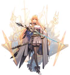 Rule 34 | 1girl, ahoge, ark order, black thighhighs, blonde hair, blue eyes, blush, breasts, highres, holding, holding sword, holding weapon, knife, legs, long hair, sheath, sheathed, shoes, simple background, skirt, sword, thighhighs, very long hair, weapon, white background, you ni ge shaobing
