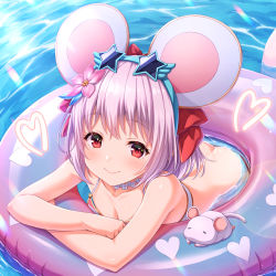 Rule 34 | 1girl, animal, animal ears, ass, bare arms, bare shoulders, bikini, blue-framed eyewear, blush, bow, breasts, cleavage, closed mouth, collarbone, commentary request, day, eyewear on head, flower, granblue fantasy, hair bow, hair flower, hair ornament, heart, highres, innertube, mouse (animal), mouse ears, outdoors, pink flower, pink hair, red bow, red eyes, small breasts, smile, solo, star-shaped eyewear, star (symbol), striped bikini, striped clothes, sunglasses, swim ring, swimsuit, tomo (tmtm mf mf), vikala (blooming summer wallflower) (granblue fantasy), vikala (granblue fantasy), water