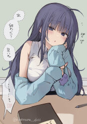 Rule 34 | 1girl, absurdres, blue eyes, blue hair, blue jacket, book, breasts, commentary request, green background, highres, jacket, large breasts, long hair, long sleeves, looking at viewer, original, pen, shirt, simple background, sitting, sleeveless, sleeveless shirt, solo, speech bubble, teacher, translation request, twitter username, yukari (rihenara doll)