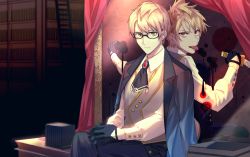 Rule 34 | 2boys, ascot, black gloves, blonde hair, blood, blood splatter, csyday, dagger, different reflection, dual persona, fate/prototype, fate/prototype: fragments of blue and silver, fate (series), glasses, gloves, green eyes, jekyll and hyde (fate), knife, mirror, multiple boys, red eyes, reflection, sitting, tongue, tongue out, waistcoat, weapon