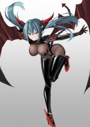 Rule 34 | 1girl, absurdres, aqua hair, azur lane, black gloves, black thighhighs, bodystocking, breasts, cleavage, covered navel, dragon girl, dragon horns, dragon tail, elbow gloves, full body, gloves, grey background, grin, hair between eyes, high heels, highres, horns, jiseki rena, large breasts, leotard, long hair, looking at viewer, mechanical horns, mechanical tail, pointy ears, red footwear, regensburg (azur lane), see-through, see-through cleavage, sidelocks, simple background, smile, solo, standing, standing on one leg, tail, thighhighs, twintails, two-tone wings, wings, yellow eyes