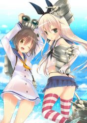 Rule 34 | 10s, 2girls, ;d, blonde hair, blue eyes, brown eyes, brown hair, chestnut mouth, cloud, dress, elbow gloves, gloves, hairband, headgear, inui achu, kantai collection, machinery, microskirt, multiple girls, ocean, one eye closed, open mouth, panties, personification, rensouhou-chan, sailor dress, see-through, shimakaze (kancolle), skirt, sky, smile, striped clothes, striped legwear, striped thighhighs, thighhighs, thong, underwear, water, whale tail (clothing), wink, yukikaze (kancolle)