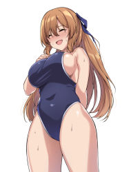 Rule 34 | 1girl, alternate costume, blue one-piece swimsuit, blue ribbon, blush, bow, breasts, brown hair, casual one-piece swimsuit, closed eyes, collarbone, competition school swimsuit, covered navel, from below, girls&#039; frontline, hair between eyes, hair bow, hair ribbon, highres, large breasts, long hair, one-piece swimsuit, open mouth, ponytail, ribbon, school swimsuit, shiny skin, sideboob, sidelocks, solo, spicy moo, springfield (girls&#039; frontline), swimsuit
