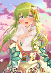 Rule 34 | 1girl, :d, alternate costume, beige kimono, blue eyes, blush, breasts, cloud, commentary request, day, feather boa, floral print, frog hair ornament, green hair, hair between eyes, hair ornament, hair ribbon, hair tubes, highres, japanese clothes, kimono, kochiya sanae, long hair, long sleeves, looking at viewer, medium breasts, open mouth, outdoors, red ribbon, ribbon, satoupote, sidelocks, smile, snake hair ornament, solo, touhou, upper body, wide sleeves