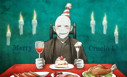 Rule 34 | 1boy, alcohol, bib, blush, cake, candle, cup, drinking glass, food, food on face, fork, harry potter (series), hat, jin akhr, knife, male focus, party hat, solo, turkey (bird), turkey (food), voldemort, wine, wine glass, wizarding world