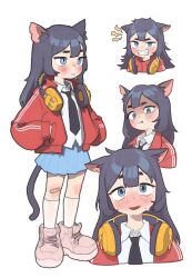 Rule 34 | 1girl, :p, angry, animal ears, bandaid, bandaid on knee, bandaid on leg, black necktie, blue eyes, blue skirt, blush, cat ears, cat girl, cat tail, clenched teeth, collared shirt, cropped torso, embarrassed, expressions, fang, female focus, full body, hands in pockets, headphones, headphones around neck, highres, jacket, long hair, necktie, nervous smile, opossumachine, original, pink footwear, pleated skirt, red jacket, shirt, shoes, skirt, smile, socks, solo, standing, tail, teeth, tongue, tongue out, track jacket, white shirt