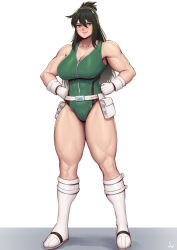 Rule 34 | 1girl, absurdres, bare shoulders, belt, belt pouch, biceps, boku no hero academia, boots, breasts, cleavage, closed mouth, collarbone, commentary, covered abs, english commentary, full body, gloves, green eyes, green hair, green leotard, hair between eyes, hands on own hips, highres, knee boots, large breasts, leotard, light blush, long hair, looking at viewer, midoriya inko, muscular, muscular female, pouch, signature, simple background, smile, solo, speedl00ver, standing, thick thighs, thighs, white background, white belt, white footwear, white gloves