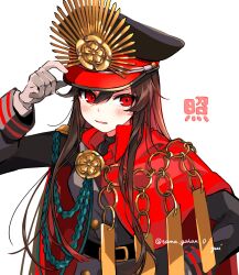 Rule 34 | 1girl, belt, black hat, black shirt, blush, cape, chain, family crest, fate/grand order, fate (series), gloves, hair between eyes, hands on headwear, hands on own hips, hat, highres, long sleeves, looking to the side, medallion, military hat, military uniform, oda nobunaga (fate), oda uri, peaked cap, red cape, red eyes, shirt, simple background, solo, uniform, upper body, white background, yui (tamagohan)