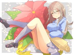 Rule 34 | 1girl, blue footwear, blue shirt, brown eyes, brown hair, closed mouth, commentary, dress shirt, floating, flower, from side, girls und panzer, grey skirt, grey socks, holding, holding instrument, instrument, kantele, keizoku school uniform, knees up, loafers, long hair, long sleeves, looking at viewer, mika (girls und panzer), miniskirt, namatyoco, pleated skirt, red flower, school uniform, shirt, shoes, skirt, smile, socks, solo, striped clothes, striped shirt, thighs, twitter username, vertical-striped clothes, vertical-striped shirt, white shirt, wing collar