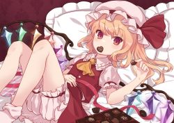 Rule 34 | 1girl, ascot, back bow, blonde hair, bloomers, blush, bobby socks, bow, box, box of chocolates, buttons, candy, chocolate, chocolate heart, collar, commentary, crystal, flandre scarlet, flat chest, food, frilled collar, frills, hand on own stomach, hat, hat bow, heart, holding, holding chocolate, holding food, looking at viewer, lying, mob cap, on back, on bed, pantylines, pillow, pink ribbon, puffy short sleeves, puffy sleeves, rainbow order, red eyes, red ribbon, red vest, ribbon, sash, sawara (starligtvision), short hair, short sleeves, slit pupils, socks, solo, touhou, underwear, upper body, vest, white hat, white sash, white socks, wings, yellow ascot