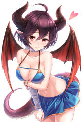 Rule 34 | 1girl, ahoge, bandaged arm, bandages, bare arms, bare shoulders, bikini, bikini skirt, blue bikini, breasts, cleavage, closed mouth, collarbone, commentary request, curled horns, dragon girl, dragon horns, dragon tail, dragon wings, granblue fantasy, grea (shingeki no bahamut), hair between eyes, heart, highres, horns, leaning forward, looking at viewer, medium breasts, navel, pointy ears, purple hair, red eyes, red wings, shingeki no bahamut, simple background, smile, solo, swimsuit, tail, tomo (tmtm mf mf), white background, wings
