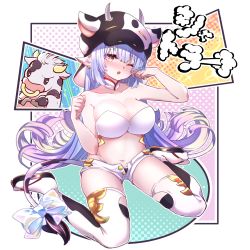 Rule 34 | 1girl, animal print, blue hair, blunt bangs, blush, bra, breasts, cabbie hat, catura (granblue fantasy), cleavage, cow, cow hat, cow horns, cow print, detached sleeves, draph, earrings, granblue fantasy, hat, highres, horns, jewelry, large breasts, long hair, looking at viewer, navel, one eye closed, open fly, open mouth, pointy ears, print headwear, print legwear, ribbon, shorts, simple background, sitting, tail, tail ornament, tail ribbon, thighhighs, thighs, underwear, very long hair, white background, white ribbon, white shorts, white thighhighs, wide sleeves, yoake