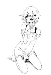 Rule 34 | 1girl, absurdres, bare shoulders, black sclera, bra strap, colored sclera, dress, fangs, forked tongue, greyscale, hair between eyes, hand up, highres, kneeling, long tongue, looking at viewer, mnnnya, monochrome, original, short hair, simple background, slit pupils, solo, sweater, sweater dress, tongue, tongue out, white background