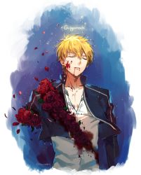 Rule 34 | 1boy, amputee, blonde hair, blood, fate/stay night, fate (series), flower, gilgamesh (fate), gradient background, male focus, ninee, nishita, official alternate costume, red eyes, red flower, red rose, rose, solo