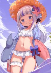 Rule 34 | 1girl, absurdres, alternate costume, alternate hairstyle, arms behind back, bikini, bikini skirt, black scrunchie, blue eyes, blue hair, blue hoodie, blue sky, blunt bangs, blush, breasts, collarbone, commentary, day, english commentary, flower, gawr gura, hair flower, hair ornament, hair scrunchie, hat, highres, hololive, hololive english, hood, hood down, hoodie, inflatable shark, inflatable toy, innertube, klaius, looking at viewer, low twintails, midriff, multicolored hair, navel, open clothes, open hoodie, outdoors, scrunchie, sky, small breasts, solo, straw hat, streaked hair, swim ring, swimsuit, thigh strap, twintails, two-tone hair, virtual youtuber, wading, water, white bikini, white hair