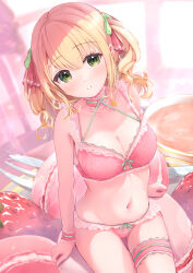 Rule 34 | 1girl, absurdres, blonde hair, blurry, blurry background, bra, breasts, bridal garter, candy, cleavage, collarbone, commentary request, food, fork, frilled bra, frilled panties, frills, fruit, fujinomiya rio, green eyes, hair ribbon, highres, lingerie, long hair, looking at viewer, macaron, medium breasts, navel, original, oversized food, oversized object, panties, parted lips, pink bra, pink panties, revision, ribbon, sitting, solo, stomach, strawberry, sweets, teeth, twintails, underwear, underwear only