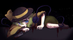 Rule 34 | 1girl, absurdres, black footwear, black hat, blood, blood on clothes, blood stain, bloody weapon, blue eyes, boots, character name, frilled sleeves, frills, green hair, hair between eyes, hair ribbon, hat, highres, knife, komeiji koishi, looking at viewer, lying, open mouth, ribbon, short hair, sky, smile, solo, star (sky), starry sky, suguharu86, third eye, touhou, wavy hair, weapon
