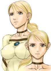 Rule 34 | 1girl, bad id, bad pixiv id, blonde hair, blouse, blue eyes, breasts, brooch, capcom, choker, demento, doku sasori, covered erect nipples, fiona belli, impossible clothes, impossible shirt, jewelry, large breasts, nipples, ponytail, see-through, shirt