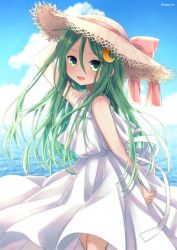Rule 34 | 1girl, blush, cloud, cloudy sky, commission, crescent, crescent hair ornament, day, dress, feet out of frame, green eyes, green hair, hair ornament, hat, highres, kantai collection, long hair, looking at viewer, nagasioo, nagatsuki (kancolle), open mouth, skeb commission, sky, sleeveless, sleeveless dress, smile, solo, sun hat, sundress, twitter username, white dress