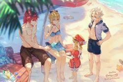 Rule 34 | 2boys, 2girls, albedo (genshin impact), bare arms, bare shoulders, barefoot, beach, bikini, black shorts, blonde hair, blue bikini, blue eyes, blue shorts, cabbie hat, commentary, crab, cup, diluc (genshin impact), dress, drinking glass, english commentary, food, genshin impact, hands on own hips, hat, holding, holding food, jacket, jean (genshin impact), klee (genshin impact), long hair, multiple boys, multiple girls, ocean, open clothes, open jacket, ponytail, popsicle, puffy short sleeves, puffy sleeves, red dress, red eyes, red hair, red headwear, sarong, short hair, short sleeves, shorts, sitting, soc nau, swimsuit, topless male, water, white jacket