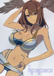 Rule 34 | 1girl, absurdres, angel wings, arm behind head, bikini, blue eyes, breast tattoo, breasts, brown hair, cleavage, eunie (xenoblade), hand on own hip, highres, ippo, large breasts, legs, looking at viewer, model pose, navel, sarong, seductive smile, short hair, smile, solo, swimsuit, tattoo, thighs, thong bikini, wings, wings on head, xenoblade chronicles (series), xenoblade chronicles 3