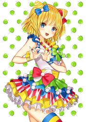 Rule 34 | 1girl, :d, apple, blonde hair, blue bow, blue eyes, blunt bangs, bow, cowboy shot, double bun, dress, food, fruit, gambe, green apple, hair bow, hair bun, hands up, heart, heart hands, idol clothes, layered dress, looking at viewer, minami mirei, multicolored clothes, multicolored dress, open mouth, pretty series, pripara, red bow, short hair, sleeveless, sleeveless dress, smile, solo, standing, thighhighs