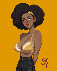 1girl arms_behind_back artist_name black_eyes black_hair bra breasts cleavage collarbone commentary dark-skinned_female dark_skin english_commentary galmesh_rosewood hairband highres large_breasts no_pupils no_shirt original parted_lips simple_background smile solo strap_gap underwear yellow_background yellow_bra yellow_hairband