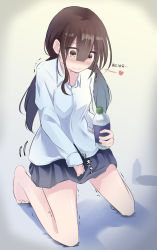 Rule 34 | 1girl, absurdres, barefoot, between legs, blue shirt, blue skirt, blush, bottle, breasts, brown eyes, brown hair, closed mouth, crotch grab, embarrassed, female focus, full body, hair between eyes, hand between legs, have to pee, heart, highres, holding, japanese text, kneeling, long hair, long sleeves, looking down, miniskirt, nose blush, original, pleated skirt, shiny skin, shirt, simple background, skirt, small breasts, solo, spoken heart, sweat, talking, translated, trembling, twintails, watakarashi, wavy mouth
