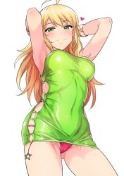Rule 34 | 1girl, ahoge, armpits, arms behind head, arms up, bangle, blonde hair, blush, bracelet, closed mouth, cowboy shot, dress, from below, green dress, green eyes, heart, highres, hoshii miki, idolmaster, idolmaster (classic), jewelry, long hair, looking at viewer, o-ring, panties, pantyshot, shiny clothes, short dress, side slit, simple background, skin tight, sleeveless, sleeveless dress, smile, solo, standing, star (symbol), thighs, tight clothes, tsurui, underwear, upskirt, white background