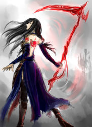 Rule 34 | 1girl, black hair, boots, castlevania (series), detached sleeves, dress, female focus, from behind, long hair, long sleeves, scythe, shanoa, solo, standing, tagme, tattoo, thigh boots, thighhighs, weapon