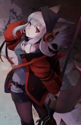 Rule 34 | 1girl, animal ears, arknights, axe, black skirt, blouse, commentary request, e-bushi, fox ears, fox girl, fox tail, from above, from behind, frostleaf (arknights), grey shirt, hand up, headphones, highres, holding, holding axe, jacket, long hair, long sleeves, looking at viewer, material growth, nail polish, off-shoulder shirt, off shoulder, oripathy lesion (arknights), oversized clothes, pantyhose, parted lips, pocket, pouch, red eyes, red jacket, red nails, rock, see-through, see-through legwear, shirt, sidelocks, skirt, solo, tail, white hair, woollen cap