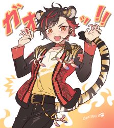 Rule 34 | 1boy, :d, animal ears, bad id, bad pixiv id, black hair, black pants, claw pose, coat, cowboy shot, ensemble stars!, fangs, hands up, highres, idol clothes, jacket, long sleeves, looking at viewer, male focus, meremero, multicolored hair, nagumo tetora, open clothes, open jacket, open mouth, orange eyes, pants, red coat, red hair, red jacket, shirt, short hair, smile, solo, standing, streaked hair, tail, tiger boy, tiger ears, tiger tail, translation request, yellow shirt