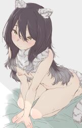 Rule 34 | 1girl, animal ears, black hair, blush, breasts, closed mouth, commentary request, grey background, hair between eyes, highres, kohaku q, long hair, navel, nipples, nude, princess connect!, shiori (princess connect!), simple background, sitting, small breasts, smile, solo, striped tail, sweat, tail, thighs, tiger ears, tiger girl, tiger tail, yellow eyes