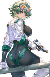 Rule 34 | 1girl, aqua hair, ass, breasts, gloves, green eyes, green hair, gun, large breasts, looking at viewer, looking back, ran&#039;ou (tamago no kimi), sahn (shinrabanshou), shinrabanshou, shiny clothes, short hair, sideboob, simple background, sitting, skin tight, smile, solo, thighhighs, weapon, white background