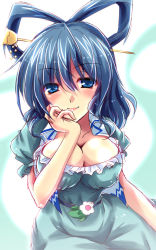 Rule 34 | 1girl, blue dress, blue eyes, blue hair, breasts, cleavage, dress, flower, hair ornament, hair rings, hair stick, head rest, kaku seiga, large breasts, light smile, lips, looking at viewer, matching hair/eyes, puffy short sleeves, puffy sleeves, short sleeves, simple background, sketch, solo, touhou, upper body, yamu (reverse noise)