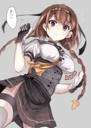 Rule 34 | 10s, 1girl, bad id, bad pixiv id, black gloves, blush, braid, breasts, brown hair, closed mouth, commentary request, cowboy shot, flying sweatdrops, from below, gloves, hair ornament, hairband, highres, kantai collection, long hair, looking at viewer, looking down, medium breasts, neckerchief, propeller hair ornament, purple eyes, sameya, school uniform, serafuku, solo, sweat, teruzuki (kancolle), thighhighs, translated, twin braids, underbust