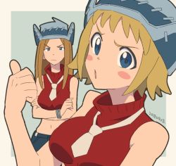 Rule 34 | 2girls, blonde hair, blue eyes, blush stickers, bracelet, breasts, brown hair, closed mouth, dated, elizabeth thompson, enotou (enotou moi), hat, jewelry, long hair, midriff, multiple girls, navel, open mouth, patricia thompson, short hair, siblings, simple background, sisters, sleeveless, sleeveless turtleneck, soul eater, turtleneck, two-tone background, white neckwear