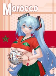 Rule 34 | 1girl, 2022 fifa world cup, ball, blue eyes, blue hair, breasts, crop top, green skirt, hatsune miku, highres, jokanhiyou, large breasts, long hair, looking at viewer, midriff, morocco, multicolored clothes, multicolored skirt, navel, pleated skirt, red skirt, skirt, soccer, soccer ball, soccer uniform, solo, sportswear, twintails, underboob, very long hair, vocaloid, world cup