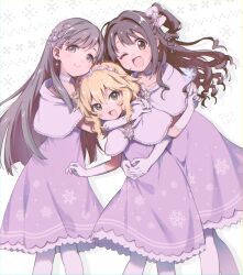 3girls :d ;d blonde_hair blush brown_eyes brown_hair capelet choker collarbone dated dress drop_shadow earrings feet_out_of_frame frilled_choker frills gloves grey_eyes grey_hair hair_ornament hairband highres hug idolmaster idolmaster_cinderella_girls jewelry kobayakawa_sae long_hair looking_at_viewer multiple_girls nanonin one_eye_closed one_side_up open_mouth pantyhose pink_capelet pink_dress sakurai_momoka shimamura_uzuki smile snowflake_ornament white_background white_choker white_gloves white_pantyhose