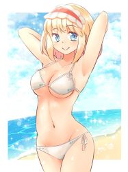 Rule 34 | 1girl, alice margatroid, armpits, arms up, arnest, bare arms, bare shoulders, beach, bikini, blonde hair, blue eyes, blue sky, blush, border, breasts, cloud, collarbone, commentary request, cowboy shot, day, frilled hairband, frills, groin, hairband, halterneck, lens flare, lolita hairband, looking at viewer, medium breasts, navel, outdoors, outside border, red hairband, short hair, side-tie bikini bottom, sidelocks, sky, smile, solo, sparkle, standing, stomach, string bikini, swimsuit, thighs, touhou, water, white bikini, white border