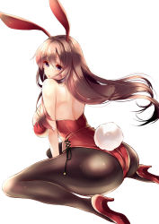 Rule 34 | 1girl, amane ruri, animal ears, ass, back, backless outfit, bare arms, bare back, bare shoulders, black pantyhose, brown eyes, brown hair, fake animal ears, floating hair, high heels, highres, legs, leotard, long hair, looking at viewer, md5 mismatch, original, pantyhose, playboy bunny, rabbit, rabbit ears, sitting, solo, wariza