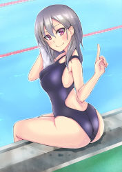 Rule 34 | 1girl, anko jamu, ass, blue one-piece swimsuit, blush, breasts, cleavage, closed mouth, competition swimsuit, drying, drying hair, from behind, grey hair, hair between eyes, highres, holding, holding towel, index finger raised, lane line, legs together, long hair, looking at viewer, looking back, medium breasts, moe2017, one-piece swimsuit, original, pool, poolside, purple eyes, revision, sitting, smile, solo, swimsuit, thighs, towel