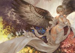 Rule 34 | 1girl, ascot, bare shoulders, bird wings, bra, breasts, brown eyes, brown hair, closed mouth, detached sleeves, dress, expressionless, feathered wings, flower, hair flower, hair ornament, large breasts, looking down, n.a., official art, panties, revealing clothes, shingeki no bahamut, short hair, solo, underwear, watermark, white ascot, white bra, white dress, white panties, wings