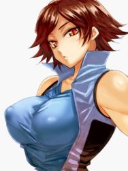 Rule 34 | 1girl, bad id, bad pixiv id, bare shoulders, breasts, brown eyes, brown hair, covered erect nipples, eto mori shuku, female focus, high collar, impossible clothes, kazama asuka, large breasts, looking at viewer, muscular, solo, tekken, upper body
