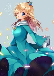 Rule 34 | 1girl, absurdres, blonde hair, blue dress, blue eyes, crown, dress, earrings, eyelashes, falling petals, grey background, hair over one eye, highres, jewelry, long hair, long sleeves, mario (series), nintendo, open mouth, petals, rosalina, rushin, sleeves past fingers, sleeves past wrists, solo, super mario galaxy, super star (mario)